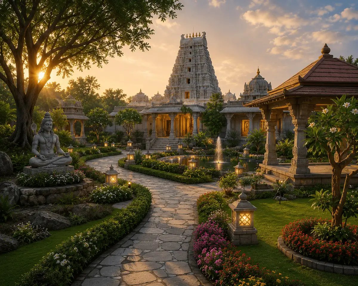 Temple landscape design with sacred gardens, meditation pathways, water features, traditional flora, and sustainable spiritual landscaping solutions.